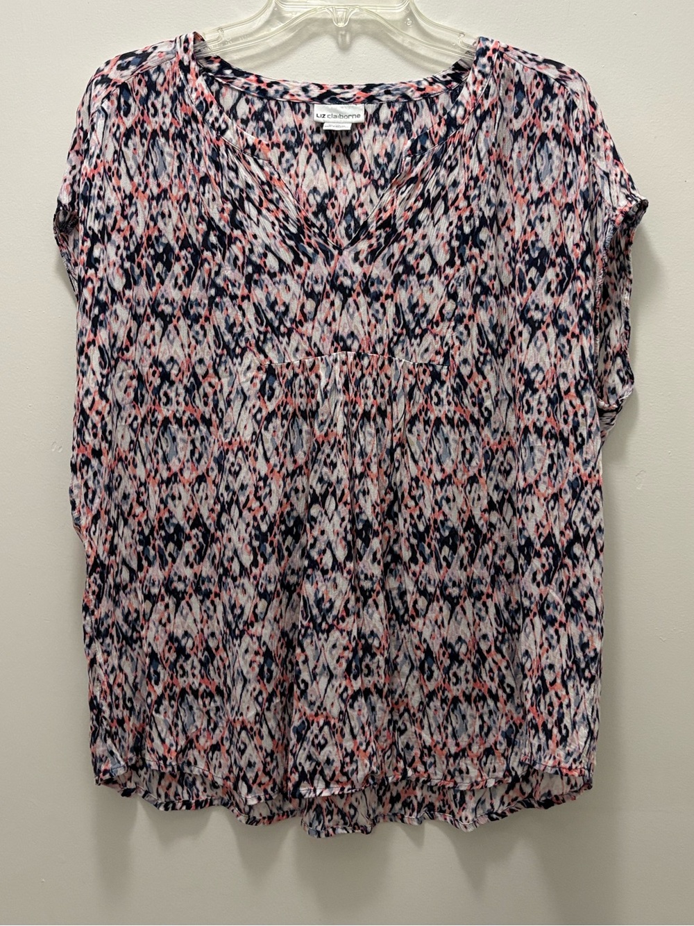 Liz Claiborne Pink and Navy Printed V-Neck Blouse